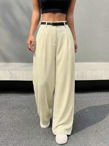 SHEIN EZwear Quần ống rộng màu be thời trang kèm thắt lưng - Butter Yellow - Xem 3