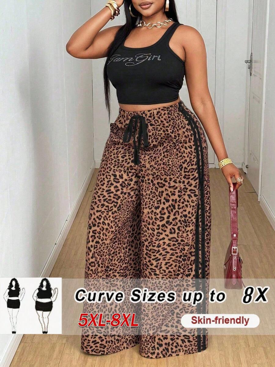 SHEIN CURVE+ 2025新款女士加大码休闲豹纹撞色腰带蝴蝶结直筒裤,时尚百搭 - 彩色 - 查看 1