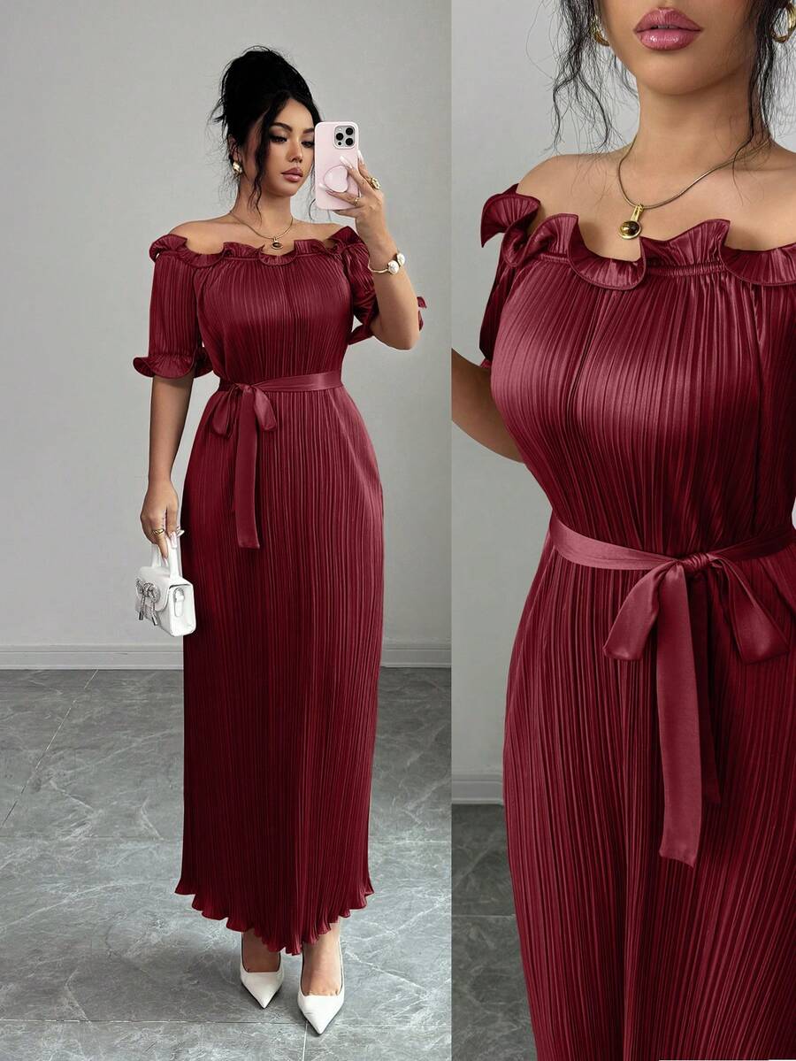 Modelyn Gaun Lengan Pendek Warna Champagne dengan Hiasan Rumbai di Bahu, Elegan untuk Wanita - Burgundy - View 1