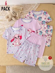 6pcs/Set Piyama Celana Pendek Rajut Leher Bulat untuk Anak Perempuan Besar, Motif Kelinci Biru & Magenta Lucu, Modis, Serbaguna, Cocok untuk Pakaian Rumah & Tidur - MultiWarna - View 3