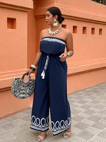 SHEIN LUNE Jumpsuit Wanita Ukuran Besar Tanpa Tali dengan Ikat Pinggang, Motif Cetak, Cocok untuk Liburan dan Pakaian Sehari-hari, Musim Semi/Panas - Navy Blue - View 1