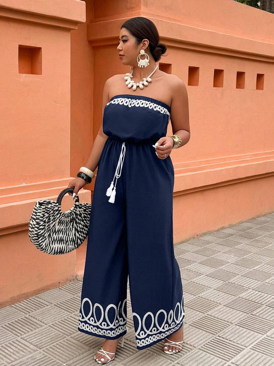 SHEIN LUNE Jumpsuit Wanita Ukuran Besar Tanpa Tali dengan Ikat Pinggang, Motif Cetak, Cocok untuk Liburan dan Pakaian Sehari-hari, Musim Semi/Panas - Navy Blue - View 1