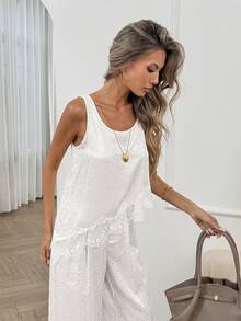 Easowa 不对称下摆蕾丝拼接无袖上衣，休闲宽松优雅通勤复古度假风女装，春夏女士度假套装，女士夏季连衣裙，女士夏季服装，女士春季套装，女士夏季套装，度假装，女士夏季服装，女士休闲夏季服装 - 白色 - 查看 3