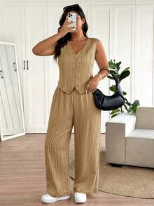 SHEIN Frenchy Plus Size Women Blazer Vest Design Casual Pants Suit - Khaki - View 5