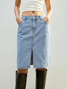 Maija Women's Solid Color Pocket Slit Denim Skirt With Belt Loop, Summer - Light Wash - View 3