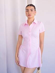 Andrea Bello 甜美清新粉色短袖衬衫裙，修身腰部设计，优雅淑女衬衫裙，夏季新品 - 粉色 - 查看 6