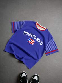 Aesthetic Post 撞色领棒球衫款式，波多黎各国旗印花，条纹袖休闲运动T恤，复古学院风弧形字母宽松短袖上衣，适合日常穿着、运动、校园、男士、情侣装T恤 - 彩色 - 查看 3