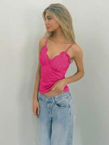 Sydney Algeri Contrast Lace Ruched Cami Top - Hot Pink - View 3
