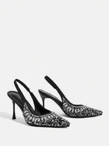 CUCCOO TILAWA 女士黑色新款尖头细高跟后跟提拉时尚华丽水钻性感宴会派对夜店高跟鞋露跟鞋 - 黑色 - 查看 4