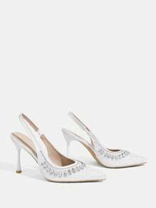 CUCCOO TILAWA 女士白色新款尖头细高跟后跟提拉时尚华丽水钻性感宴会派对夜店女士高跟鞋露跟鞋女鞋 - 白色 - 查看 3