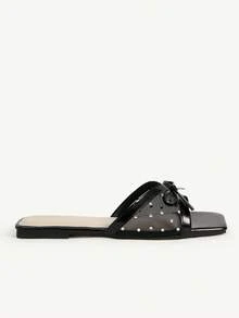 CUCCOO CHICEST Sandalias planas de moda generosas, cómodas y versátiles con lazo de strass para el día a día, vacaciones y playa - Negro - Ver 3