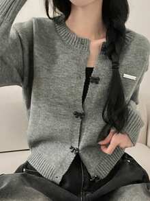 DAZY 女士蝴蝶结纽扣圆领宽松开衫，秋季女装 - 深灰色 - 查看 4