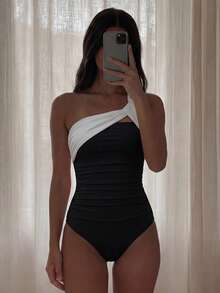 Costavie Women's Colorblock Asymmetrical Neck Simple Daily One-Piece Swimsuit Summer - Black and White - View 1