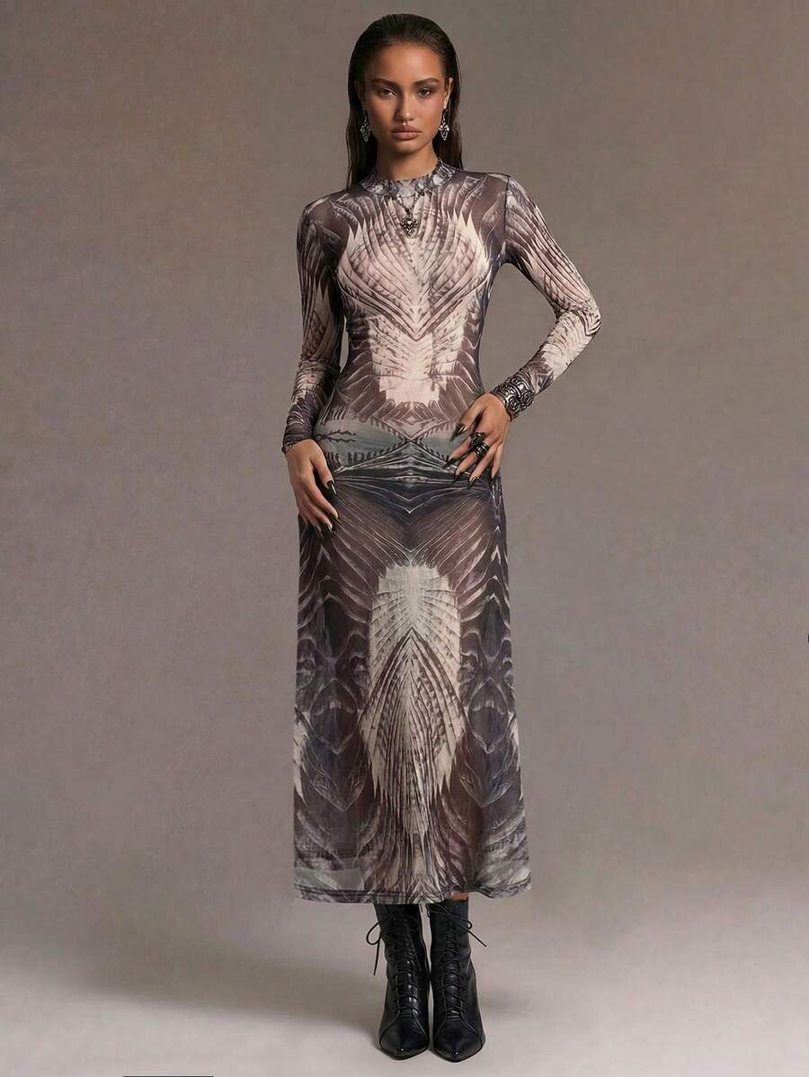 ROMWE Avant Đầm dài tay lưới in hình totem Shanhaijing bí ẩn phong cách Gothic - Nhiều màu - Xem 1