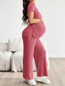 SHEIN 2pcs Maternity Solid Color Short Sleeve Top And Adjustable Waist Casual Pants Set - Hot Pink - View 5