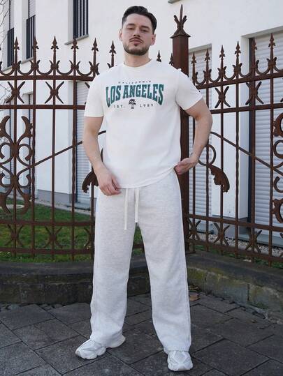 LEOGASHI LEOGASHI Men's White Knitted Fabric T-Shirt With Los Angeles Graphic Print Short Sleeves And Round Neckline Regular Fit