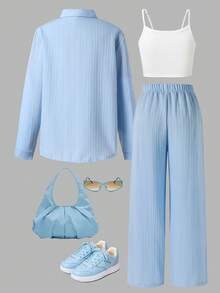 SHEIN 柔软时尚的提花织纹衬衫套装，包含吊带上衣和长裙，三件套设计，适合休闲、通勤、户外活动、派对、拍照等场合，春、夏、秋季皆宜，宽松舒适，适合青少年女孩和年轻女性穿着。 - 藍色 - 查看 2