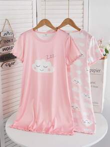 Genkimix Kids Tween Girls' Sweet Pink Butterfly Print A-Line 2 Pieces Short Sleeve Long Nightgown Loungewear Set - Pink - View 1