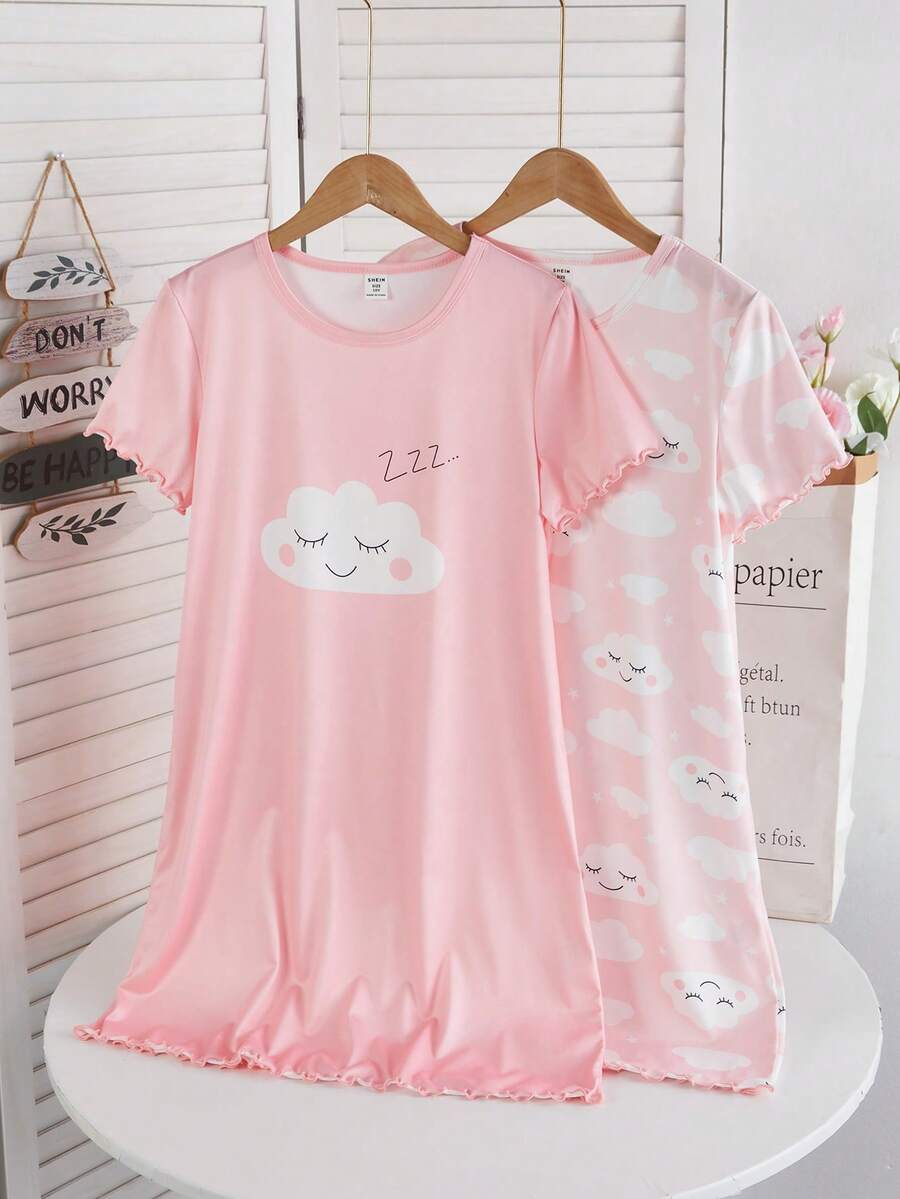 Genkimix Kids Tween Girls' Sweet Pink Butterfly Print A-Line 2 Pieces Short Sleeve Long Nightgown Loungewear Set - Pink - View 1