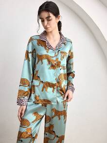 Ocili 2pcs/Set Women Leopard Color Blocking Pajama Set Holiday Season, Fall Winter Clothes - Multicolor - View 6