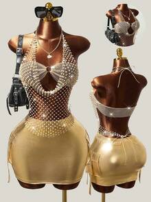 Mistrie Women's Music Festival Glitter Mesh Rhinestone Halter Neck Vest,Summer,  Graduation ,Party Outfit  , Beach Outfits  , Y2K , Sequin  Music Festival  Party ,Vacation Outfits Women, Rhinestone Embellished Shiny, Suitable For Bar Party, Carnival, Club Wear Luxury Dress Sexy Birthday Dresses Club Outfits For Ladies Sexy Club Outfits Bling Bling Dress - Black - View 4