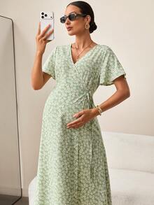 MaterniWear Đầm bầu in họa tiết toàn thân, xếp ly, kiểu dáng thường ngày, thích hợp cho kỳ nghỉ. - màu xanh lá - Xem 1