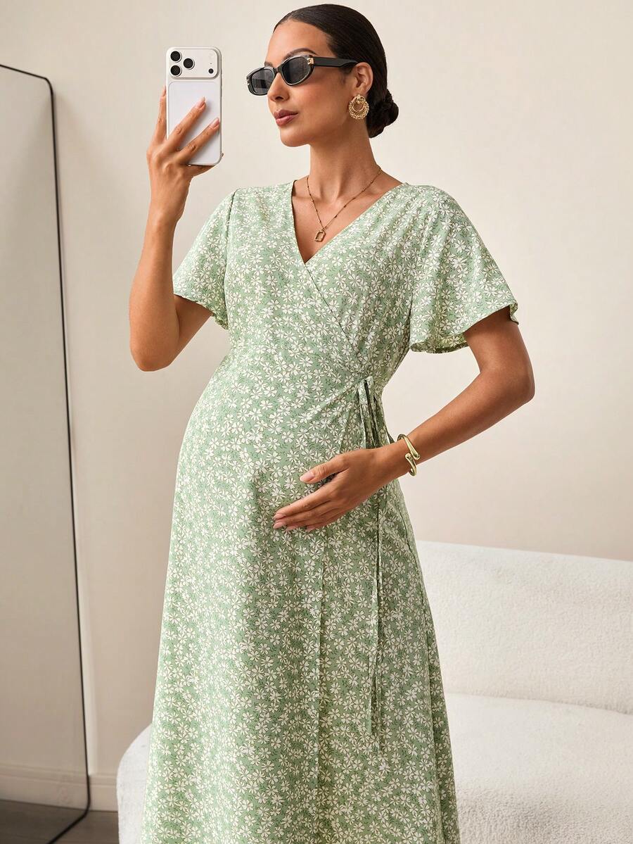 MaterniWear Đầm bầu in họa tiết toàn thân, xếp ly, kiểu dáng thường ngày, thích hợp cho kỳ nghỉ. - màu xanh lá - Xem 1