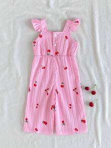 SHEIN Vintaside Kids Baby Girls' Casual Minimalist Cherry Print Ruffle Strap Romper, Beige, Suitable For Daily Wear, Outdoor, Photography, Spring/Summer Girls Summer Coord Cherry Baby Clothes - Pink - View 2
