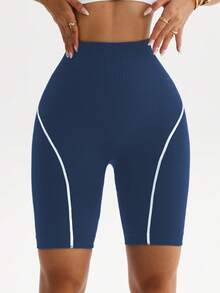 Core Rhythm 1pc Women's Ribbed Contrast Color Waistband Basic Running, Fitness, Cycling Sports Shorts - Navy Blue - View 2