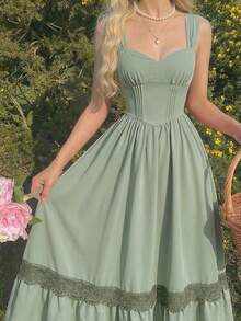 Skyraze Women's Sage Green Summer Modest Garden Party Dress,Sweetheart Neck Lace Trim Strappy Elegant Mid-Length Tea Party Wedding Guest Graduation Dresses - Green - View 2