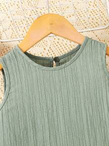 SHEIN 女童无袖绿色宽松A字荷叶边下摆度假连衣裙，夏季 - 橄欖綠 - 查看 7