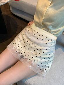 DAZY 女士米色波点网纱拼接高腰提花蕾丝迷你裙，适合娇小身材 - 黑與白 - 查看 4