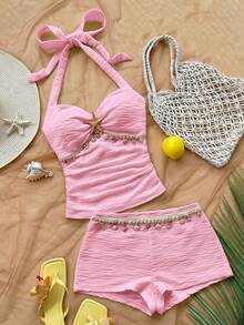 Soleia Women's Backless Halter Top And Shorts 2 Pieces Set, Vacation Outfit - Pink - View 1