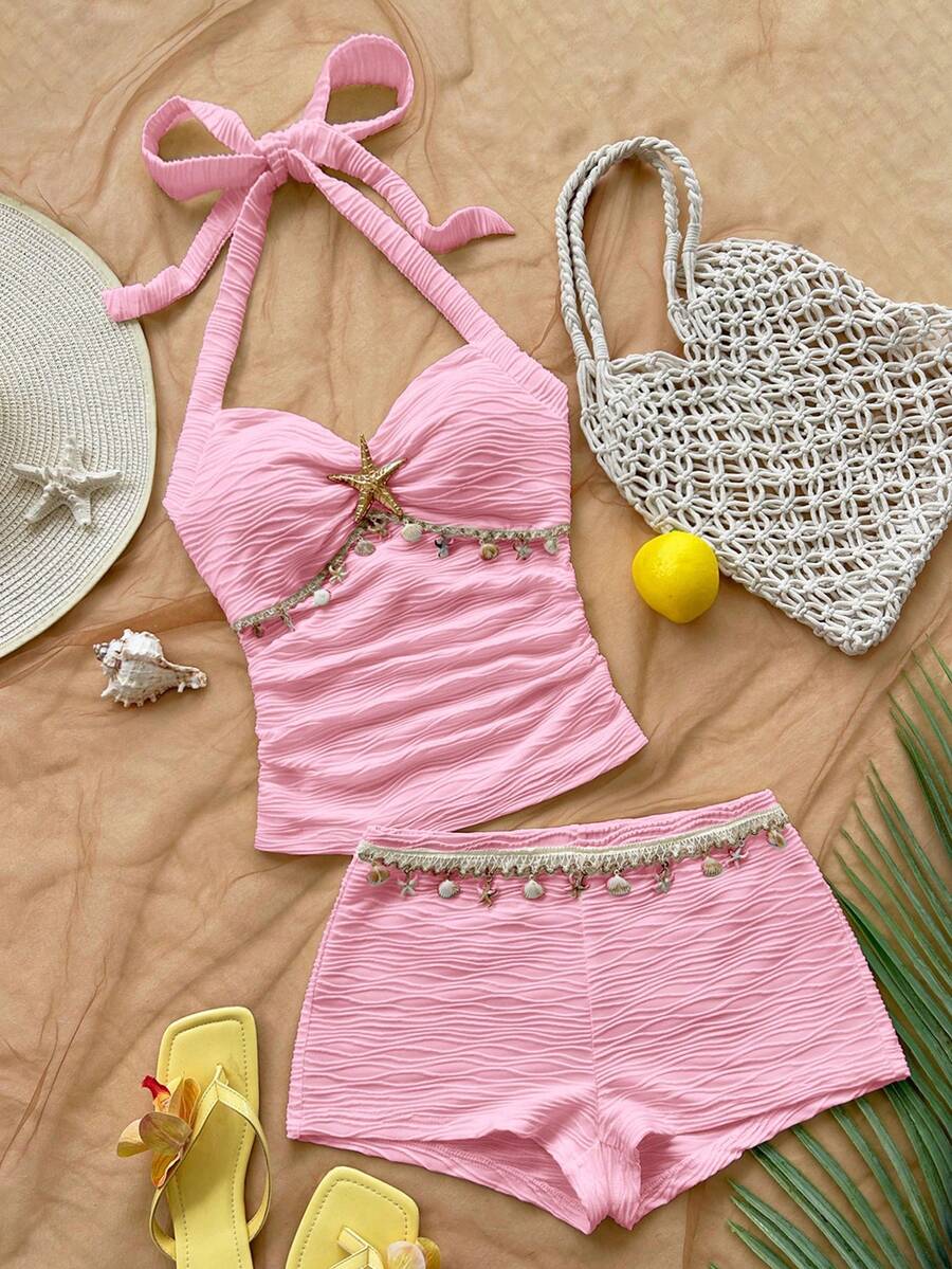 Soleia Women's Backless Halter Top And Shorts 2 Pieces Set, Vacation Outfit - Pink - View 1
