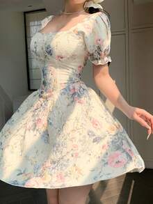 Joudiya Đầm ngắn thanh lịch dành cho nữ, họa tiết hoa, cổ tim, tay cánh hoa. - Màu be - Xem 4