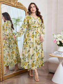 Modelyn 印花V领长袖收腰A字型长连衣裙，大码，春秋季 - 彩色 - 查看 6