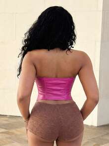 Alexandranx Women's Pu Leather Strapless Date Night Waist Shaping Breast Cup Top - Hot Pink - View 2