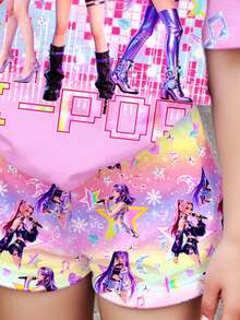 2件套卡通女孩多巴胺渐变色K-Pop巨星休闲短袖T恤短裤套装，适合夏季穿着 - 彩色 - 查看 4