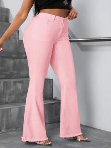 Slaydiva Plus Size Elegant Extra Long Flare Jeans - Baby Pink - View 3