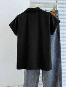 Resyla 女士蓝色蝙蝠袖口袋休闲通勤衬衫，春夏无袖衬衫，黑色工作上衣，黑色衬衫，女士黑色女式衬衫，优雅翻领衬衫，女士工作衬衫，女士上衣和衬衫，工作衬衫，工作衬衫，黑色无袖衬衫，翻领衬衫，新款时尚上衣，女士纽扣衬衫 - 黑色 - 查看 2