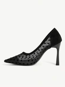 CUCCOO CHICEST 女士户外尖头细高跟鞋，羊毛圆点装饰网布面料，时尚舒适，适合日常、派对、婚礼、宴会等场合，一脚蹬款式 - 靜夜黑色 - 查看 4
