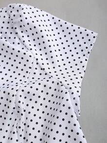 Sweetra Áo kiểu nữ tay ngắn họa tiết chấm bi, viền bèo nhún, thích hợp cho mùa xuân/hè. - Đen và trắng - Xem 8