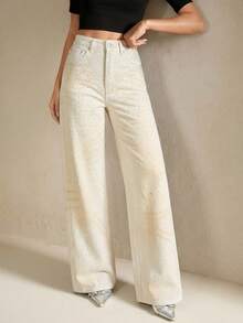 Anewsta Women's Casual Commuter Rhinestone Decor Loose Wide-Leg Jeans - White - View 4