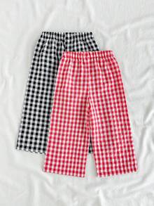 SHEIN Vintaside Kids 幼儿女童两件装格子阔腿裤，经典格子休闲裤，适合1-3岁女童，松紧腰带设计，适合日常穿着、玩耍和户外活动，可爱时尚轻便，是女童春夏衣橱必备单品。 - 彩色 - 查看 3