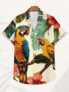 VIVINTIMO Áo sơ mi nam một hàng cúc in họa tiết hoa và chim vẹt, kiểu dáng thường ngày, đa năng. - Màu Khaki - Xem 2