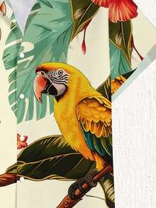 VIVINTIMO Áo sơ mi nam một hàng cúc in họa tiết hoa và chim vẹt, kiểu dáng thường ngày, đa năng. - Màu Khaki - Xem 4