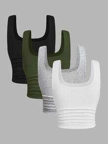 SHEIN EZwear Bộ 4 áo tank top lửng màu xanh ô liu kiểu dáng thường ngày - xanh quân đội - Xem 2