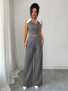 SHEIN Elenzya Elegant Sleeveless Vest & Pleated Pocket Suit Pants Two Pieces Set For Women, Summer - Grey - View 3