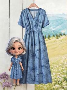 Rusticease Women's Casual Vacation Style Tie-Dye Print V-Neck Short Sleeve Cinched Waist Waist Midi Dress - Blue - View 1