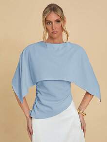 Women's Solid Color Round Neck Cape Design Shirt - Baby Blue - View 4